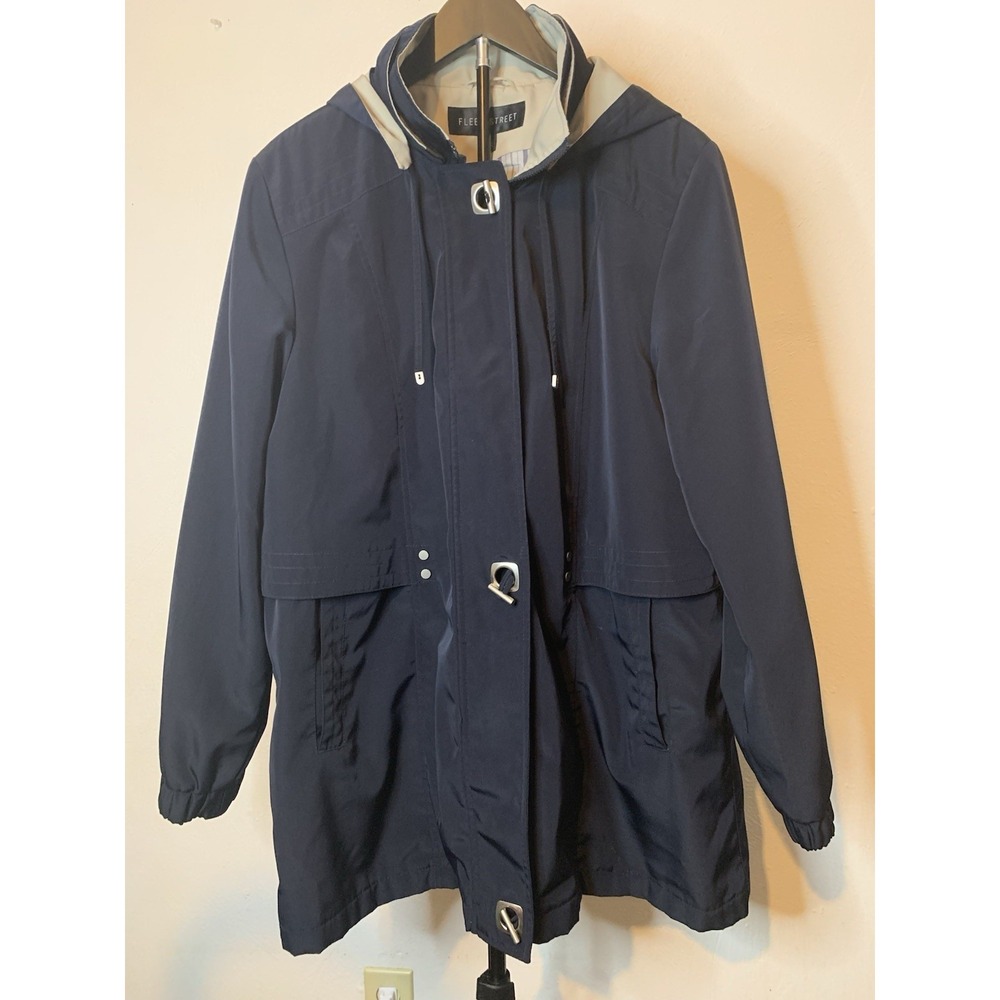 Fleet Street Women's XL Navy Blue Hooded Raincoat Parka Jacket Full Zip Lined - Picture 1 of 5
